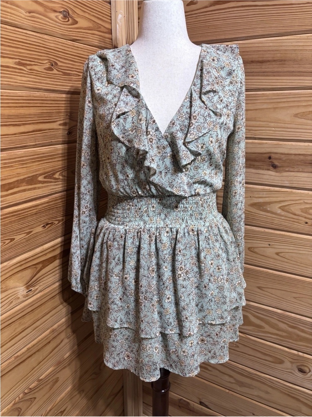 Altar'd State Sage Floral Ruffle Long Sleeve Dress